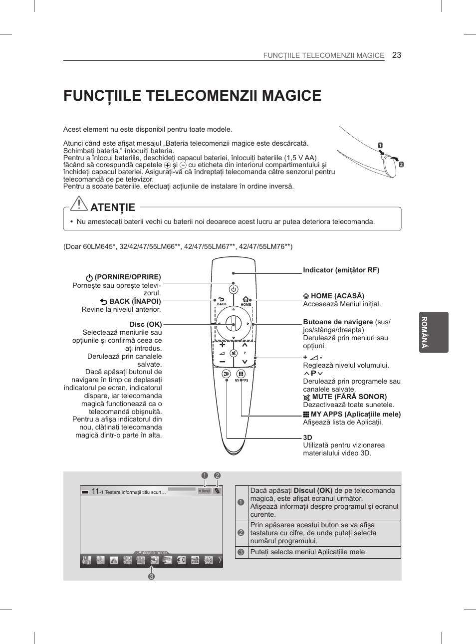 Funcţiile telecomenzii magice, Atenţie | LG 42LM649S User Manual | Page 171 / 516