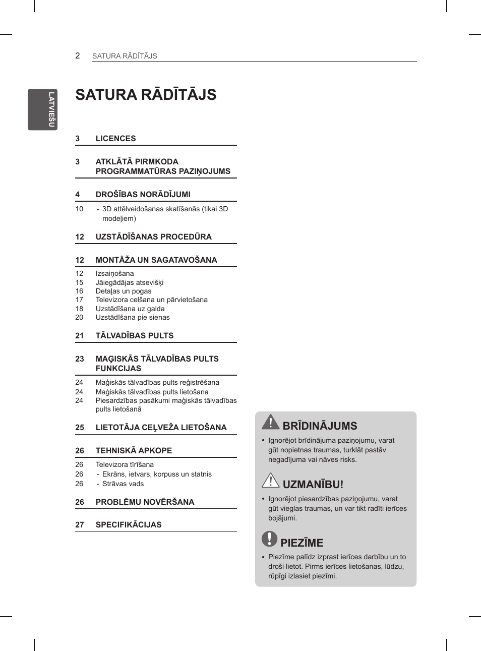 Satura rādītājs, Brīdinājums, Uzmanību | Piezīme | LG 42LM649S User Manual | Page 262 / 516