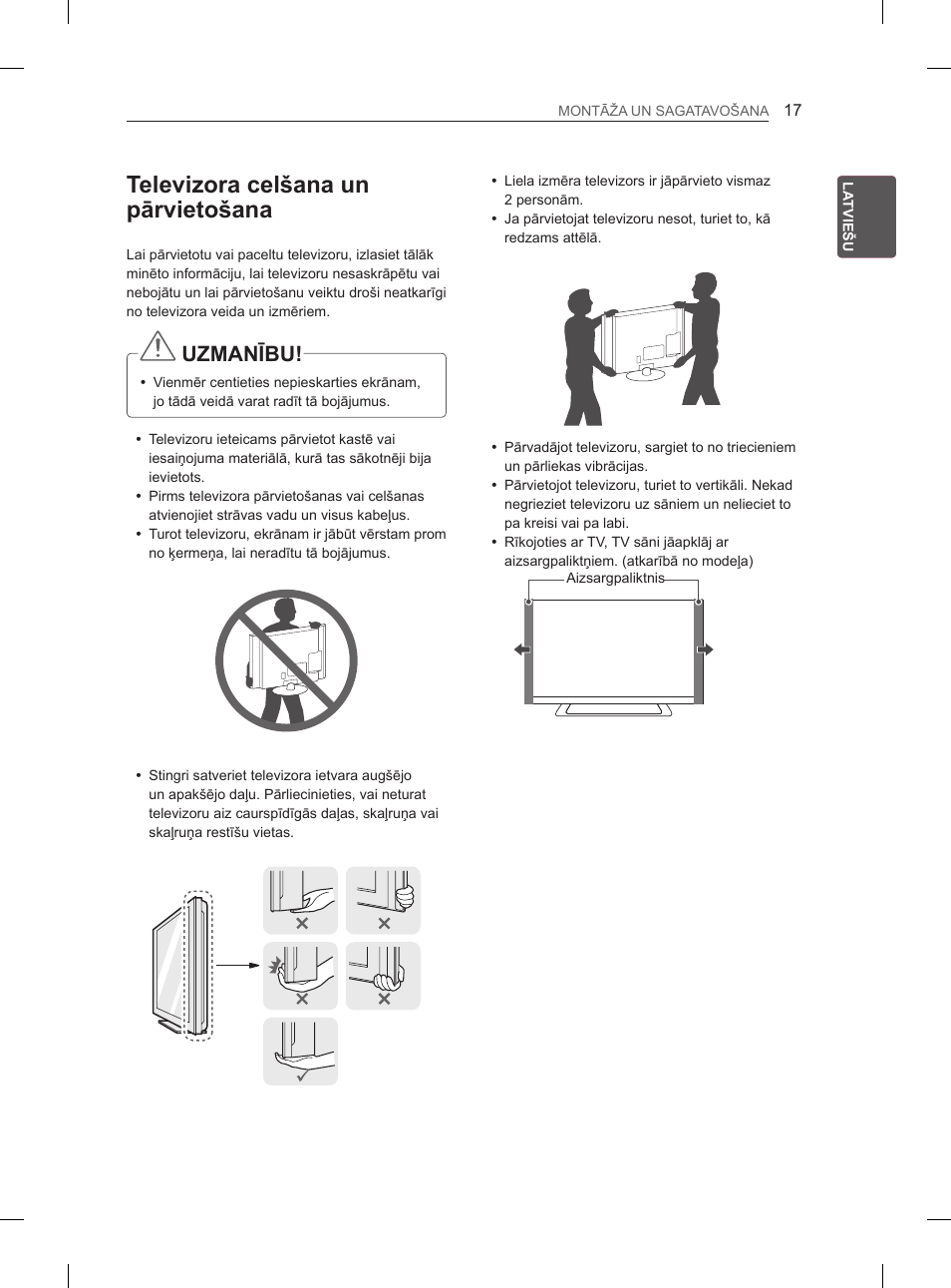 Televizora celšana un pārvietošana, Uzmanību | LG 42LM649S User Manual | Page 277 / 516