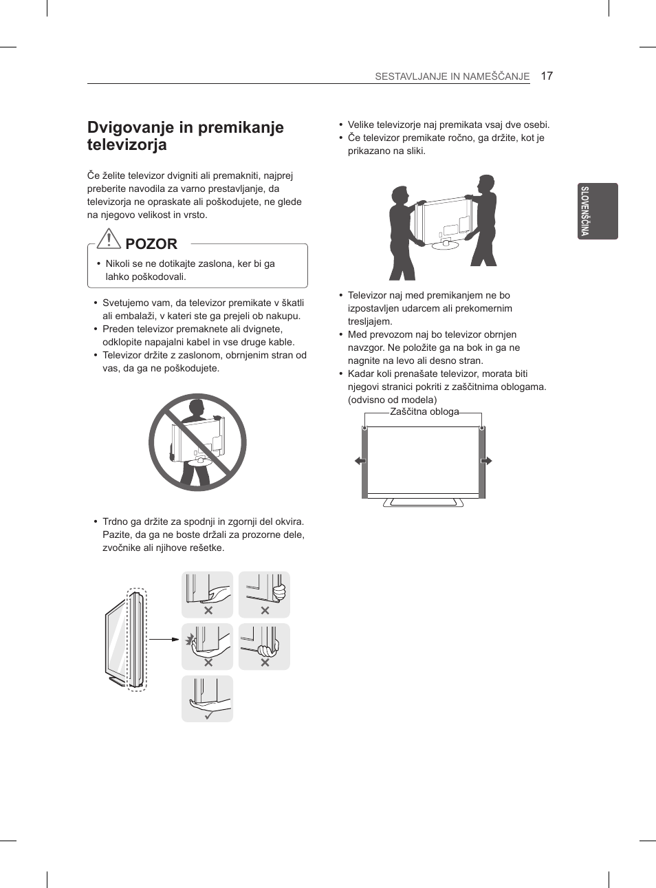 Dvigovanje in premikanje televizorja, Pozor | LG 42LM649S User Manual | Page 305 / 516