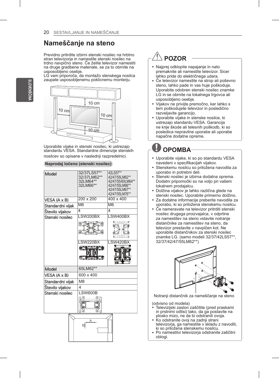 Nameščanje na steno, Pozor, Opomba | LG 42LM649S User Manual | Page 308 / 516