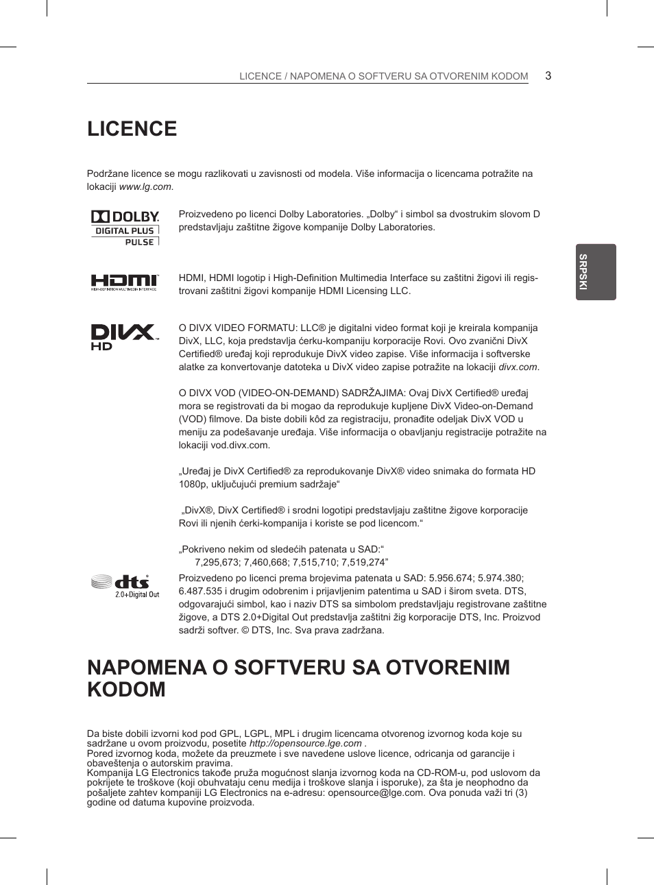 Licence, Napomena o softveru sa otvorenim kodom | LG 42LM649S User Manual | Page 319 / 516