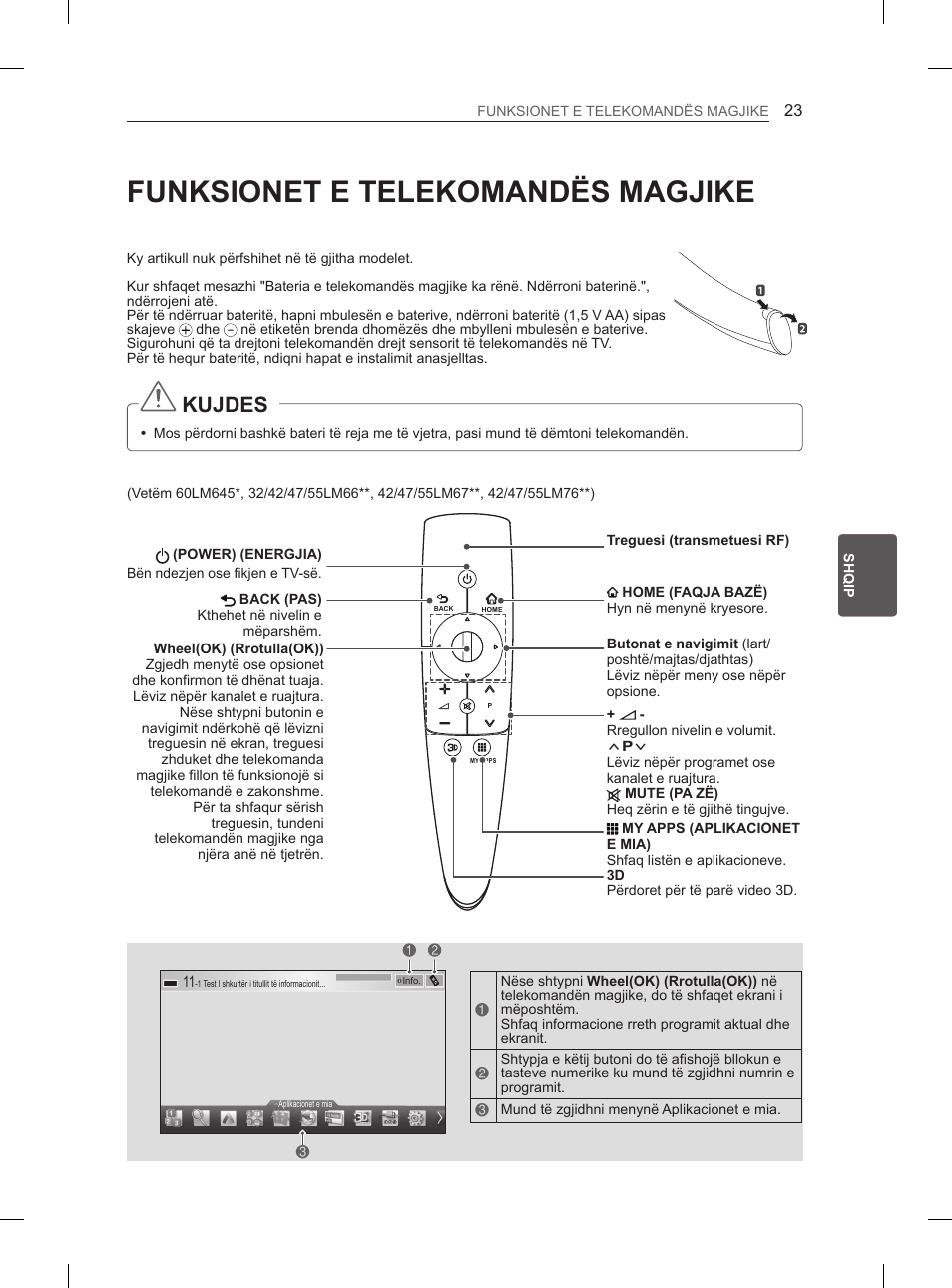 Funksionet e telekomandës magjike, Kujdes | LG 42LM649S User Manual | Page 395 / 516