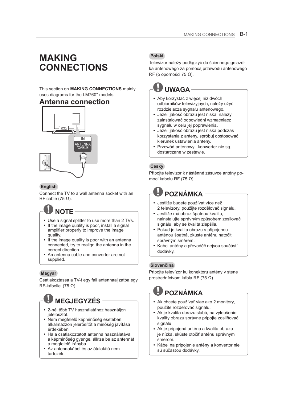 Making connections, Antenna connection, Megjegyzés | Uwaga, Poznámka | LG 42LM649S User Manual | Page 457 / 516