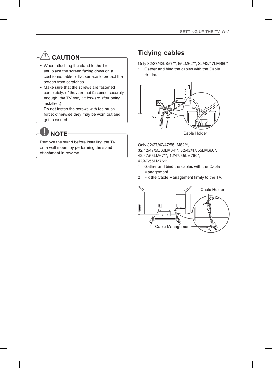 Tidying cables, Caution | LG 42LM649S User Manual | Page 7 / 516