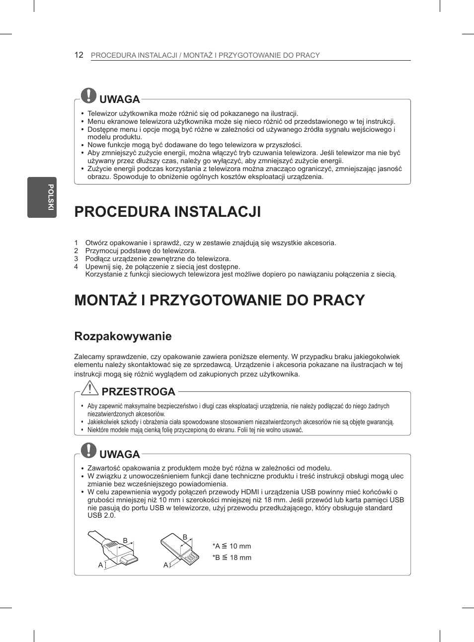 Procedura instalacji, Montaż i przygotowanie do pracy, Rozpakowywanie | Uwaga, Przestroga | LG 42LM649S User Manual | Page 76 / 516