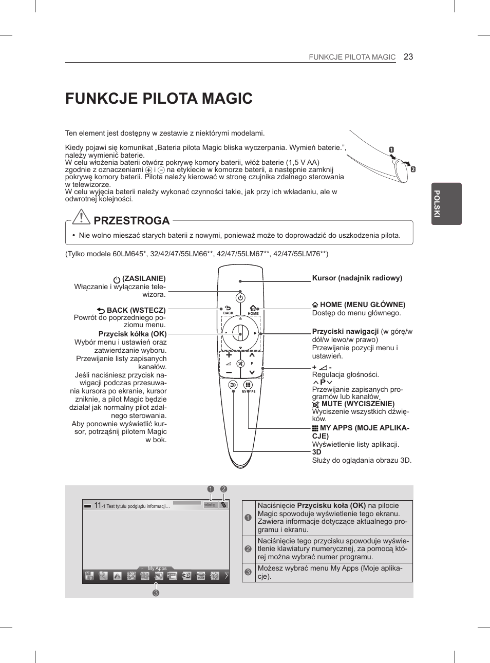 Funkcje pilota magic, Przestroga | LG 42LM649S User Manual | Page 87 / 516