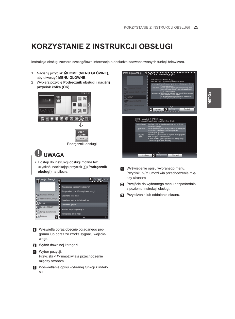 Korzystanie z instrukcji obsługi, Uwaga, Podręcznik obsługi | LG 42LM649S User Manual | Page 89 / 516