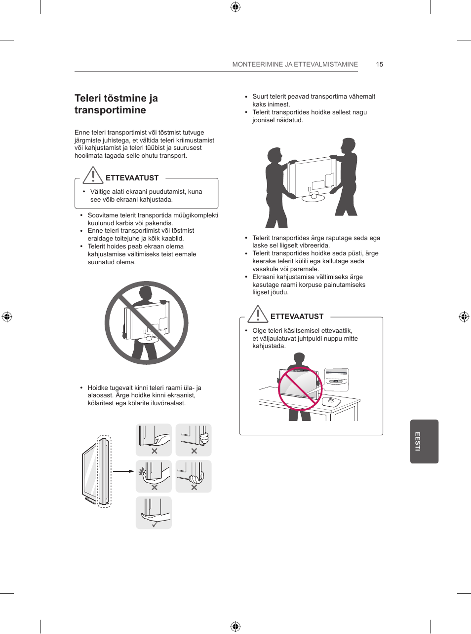 Teleri tõstmine ja transportimine | LG 60LB580V User Manual | Page 204 / 395