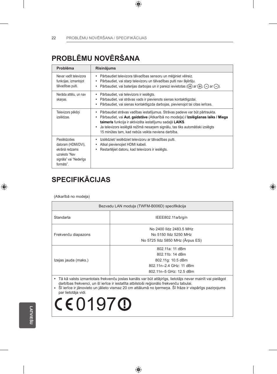 Problēmu novēršana, Specifikācijas | LG 60LB580V User Manual | Page 255 / 395