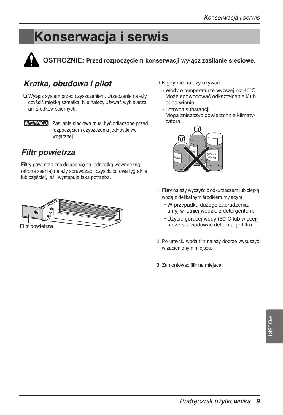 Konserwacja i serwis, Kratka, obudowa i pilot, Filtr powietrza | Ostrożnie, Podręcznik użytkownika 9 | LG ARNU12GB1G2 User Manual | Page 105 / 205