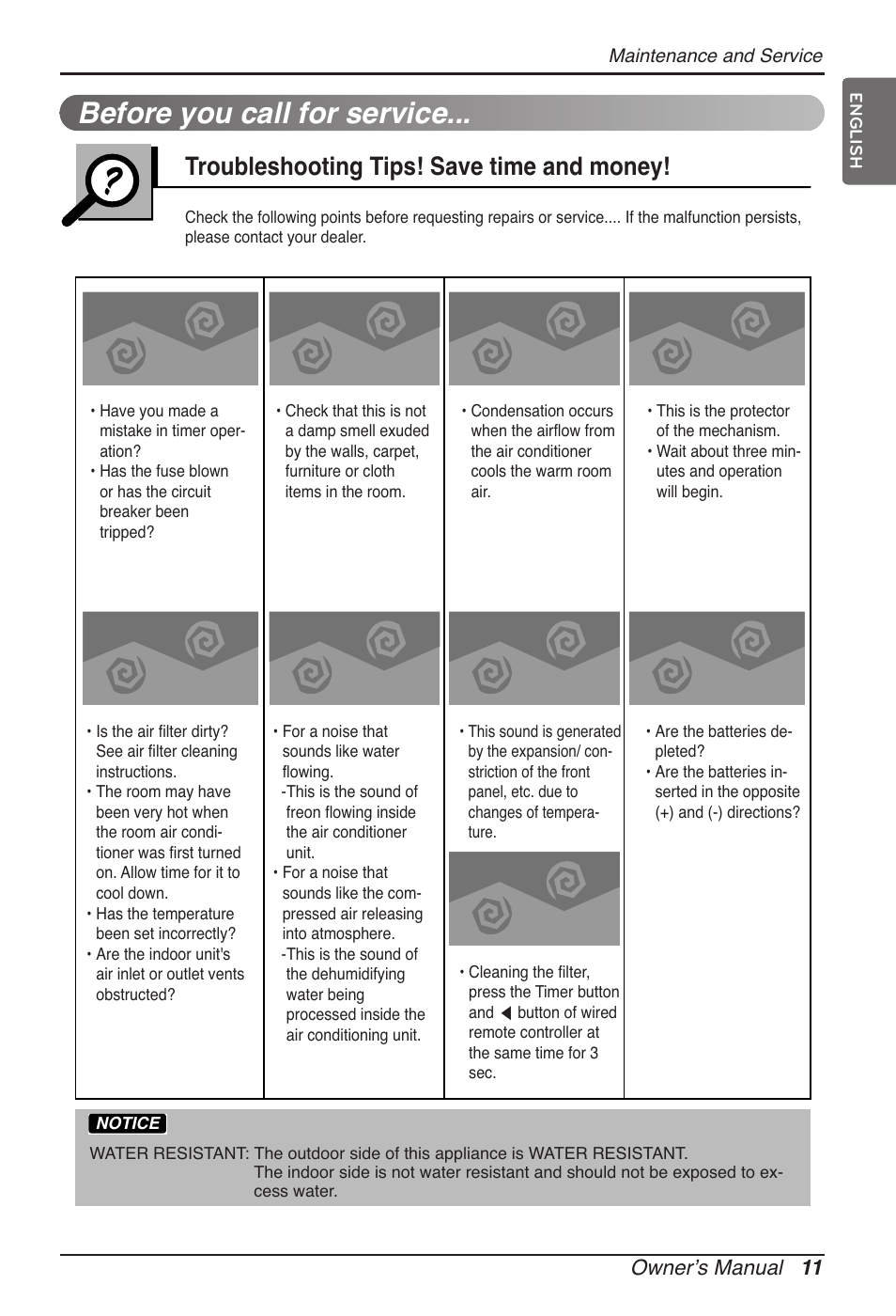 Before you call for service, Troubleshooting tips! save time and money, Ownerʼs manual 11 | LG ARNU12GB1G2 User Manual | Page 11 / 205