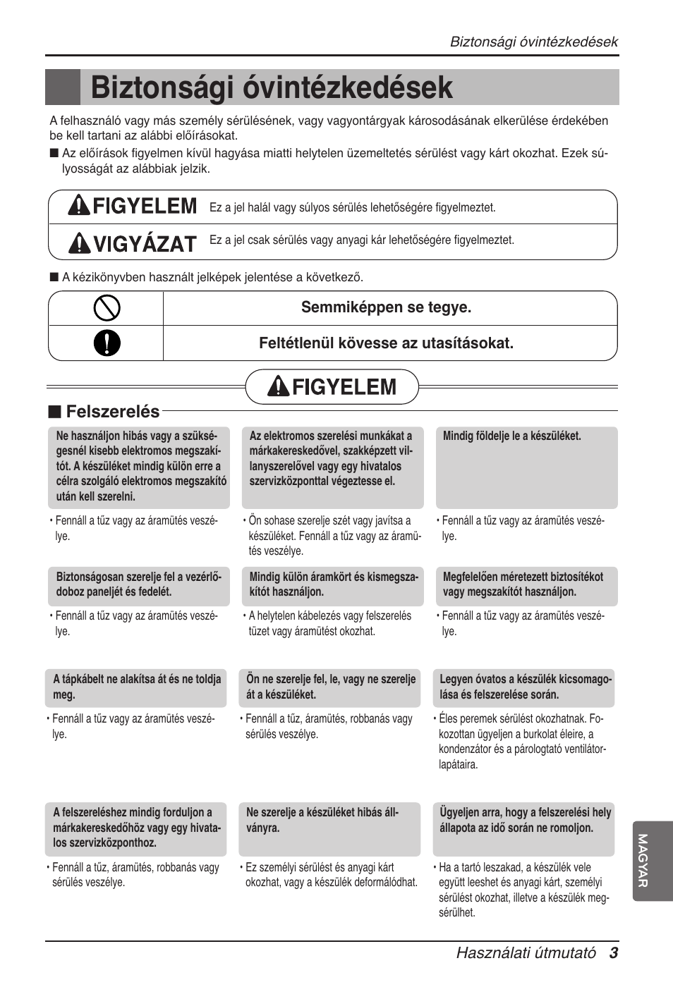 Biztonsági óvintézkedések, N felszerelés, Használati útmutató 3 | LG ARNU12GB1G2 User Manual | Page 111 / 205