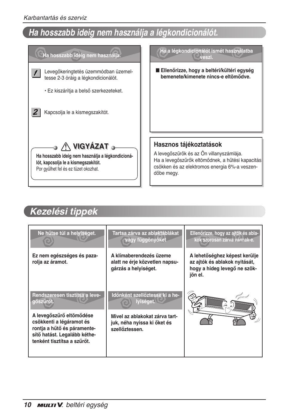 Ha hosszabb ideig nem használja a légkondicionálót, Kezelési tippek, Vigyázat | LG ARNU12GB1G2 User Manual | Page 118 / 205