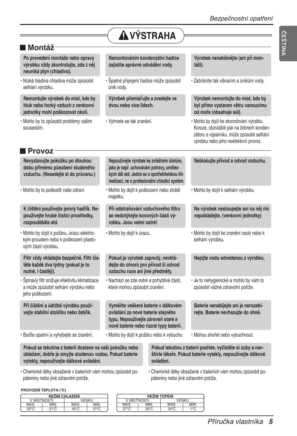 N provoz, N montáž, Příručka vlastníka 5 | Bezpečnostní opatření | LG ARNU12GB1G2 User Manual | Page 125 / 205