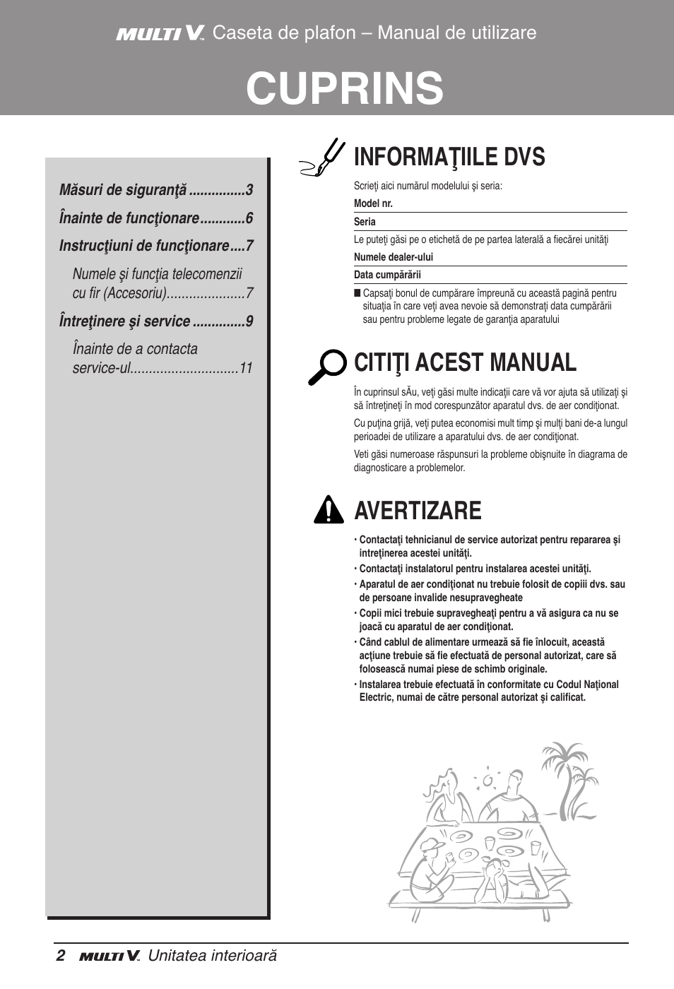 Cuprins, Informaţiile dvs, Citiţi acest manual | Avertizare, Caseta de plafon – manual de utilizare | LG ARNU12GB1G2 User Manual | Page 134 / 205