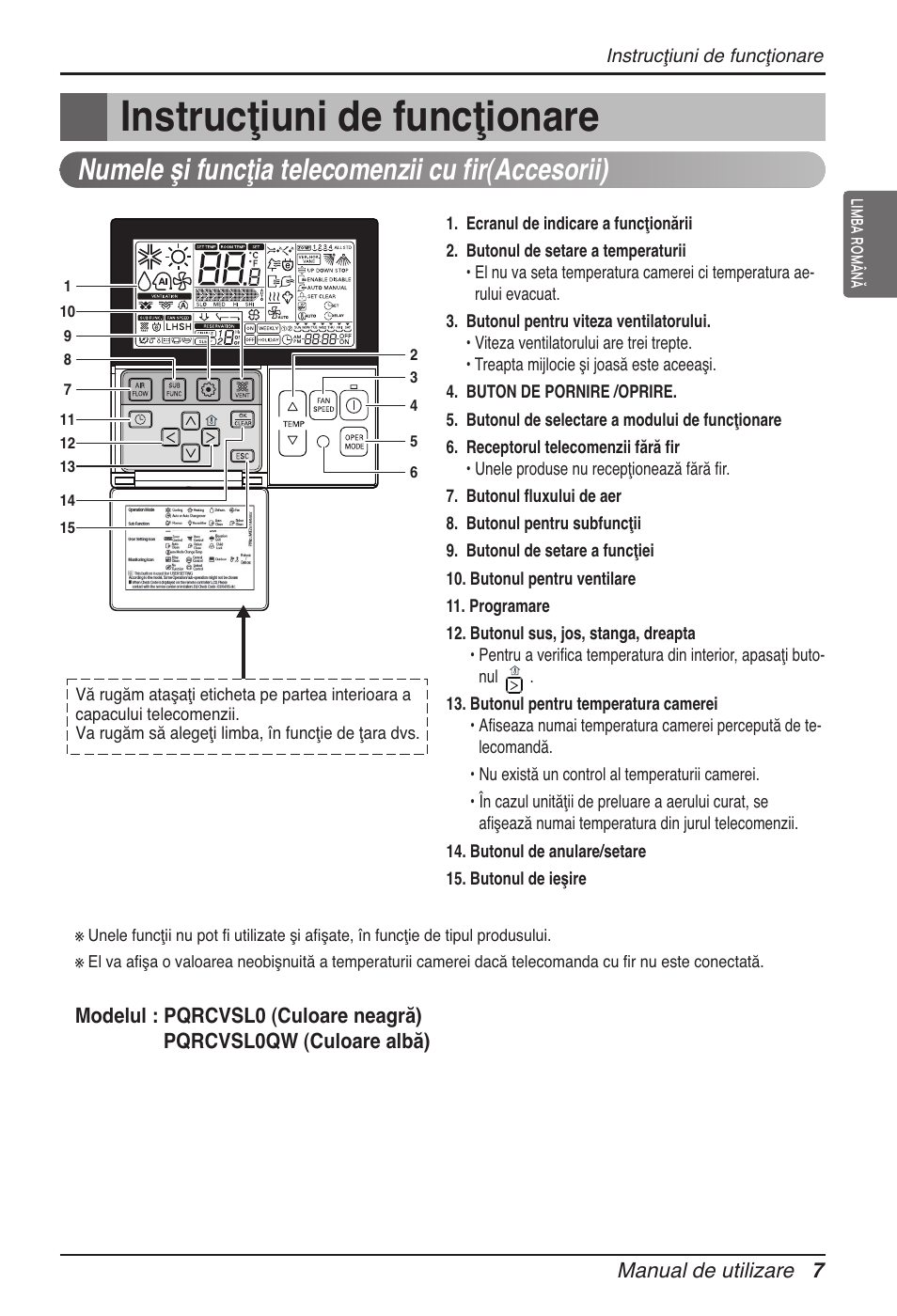 Instrucţiuni de funcţionare, Numele şi funcţia telecomenzii cu fir(accesorii) | LG ARNU12GB1G2 User Manual | Page 139 / 205