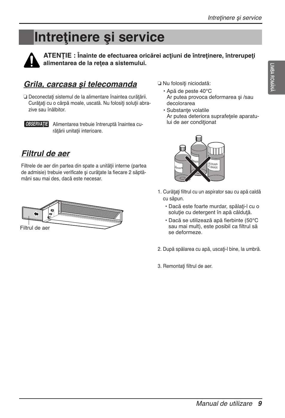 Intreţinere şi service, Grila, carcasa şi telecomanda, Filtrul de aer | Atenţie, Manual de utilizare 9 | LG ARNU12GB1G2 User Manual | Page 141 / 205