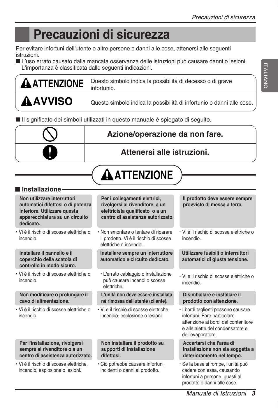 Precauzioni di sicurezza, Attenzione, Attenzione avviso | LG ARNU12GB1G2 User Manual | Page 15 / 205