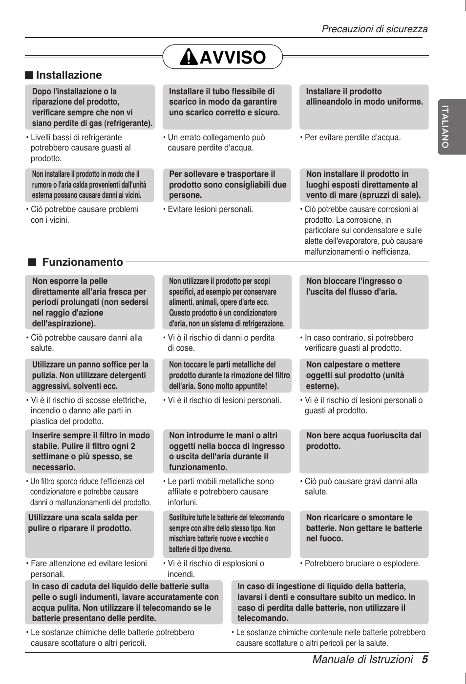 Avviso, Manuale di istruzioni 5, N installazione | N funzionamento | LG ARNU12GB1G2 User Manual | Page 17 / 205