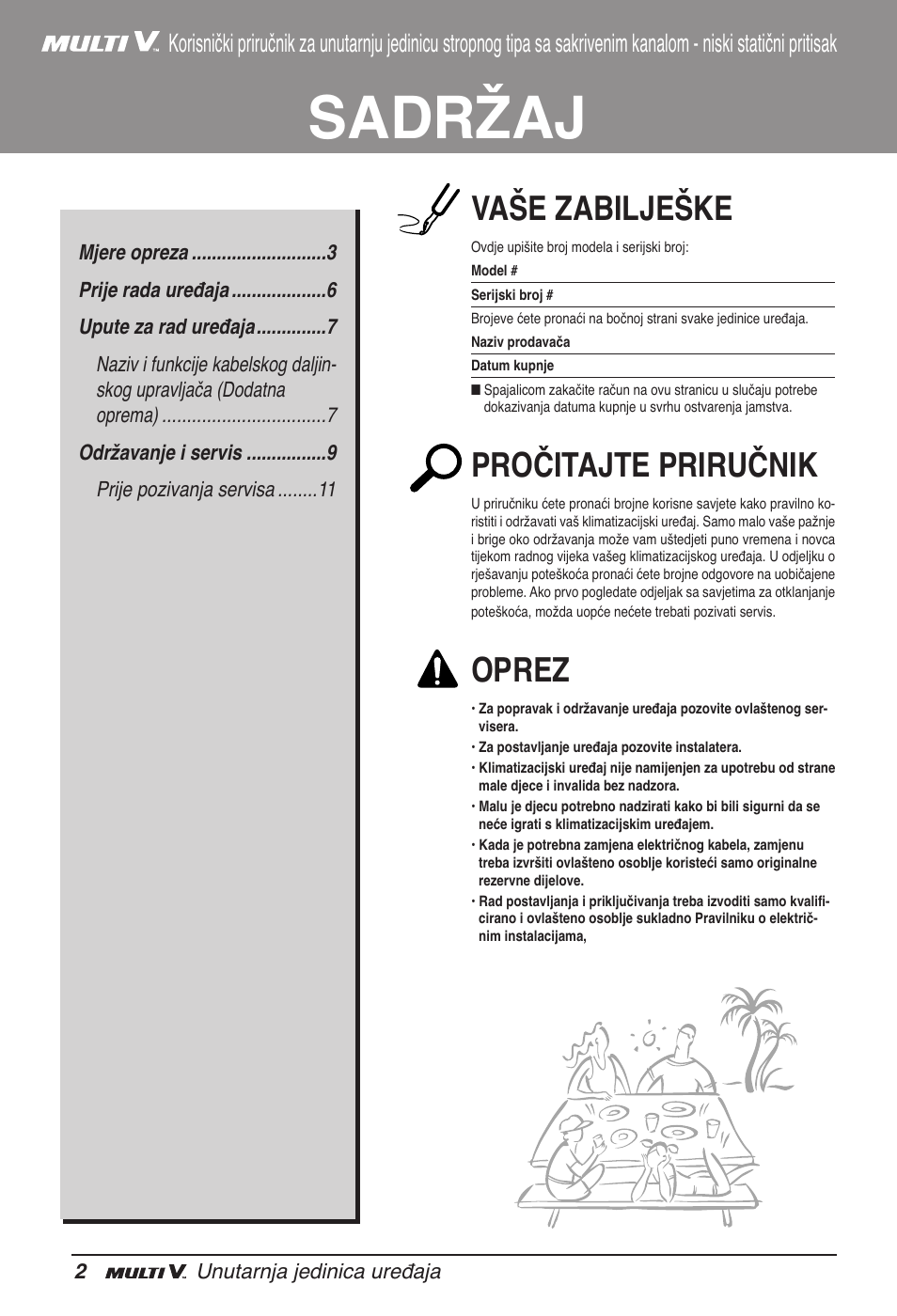 Sadržaj, Vaše zabilješke, Pročitajte priručnik | Oprez | LG ARNU12GB1G2 User Manual | Page 170 / 205