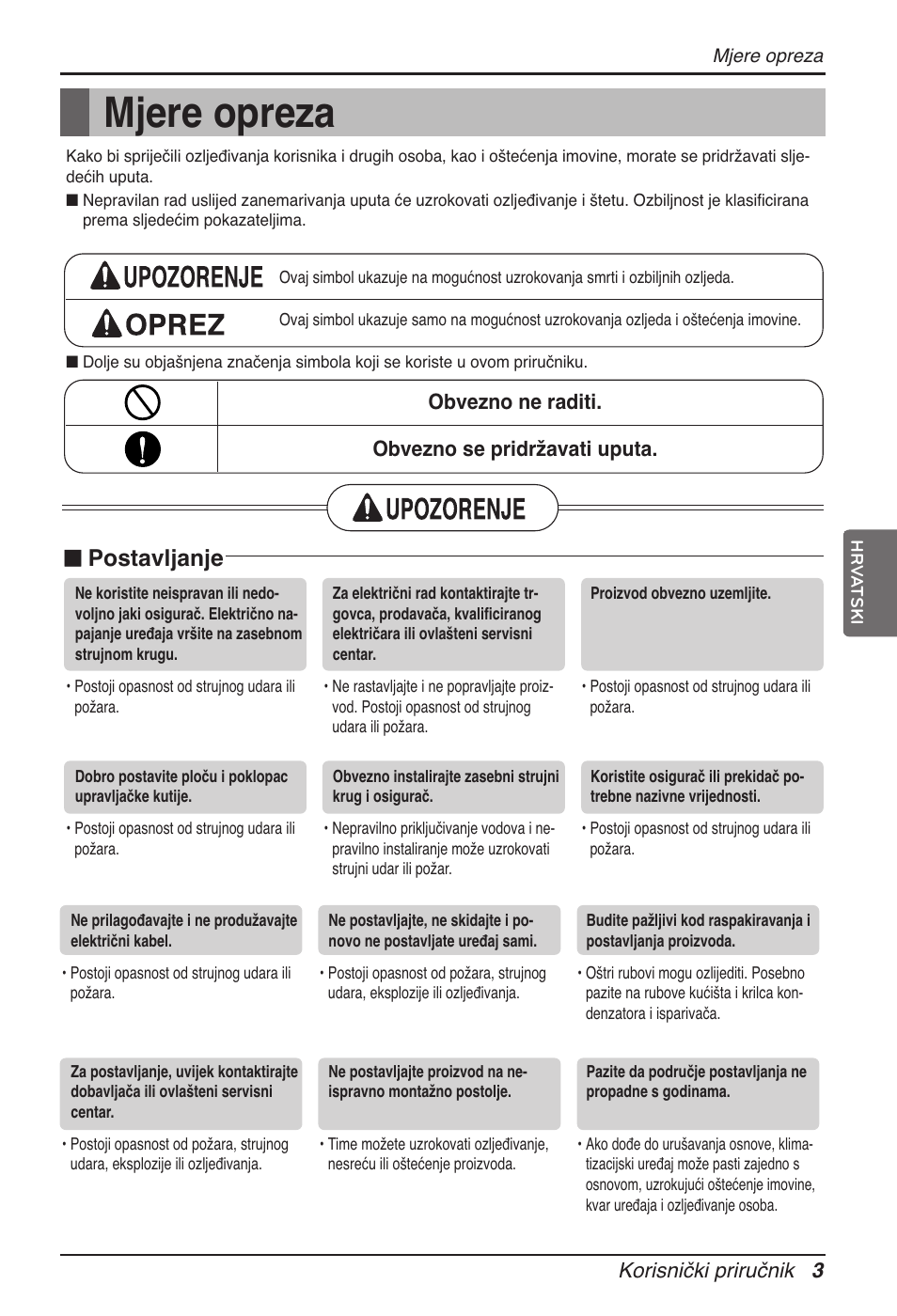 Mjere opreza, N postavljanje, Korisnički priručnik 3 | Obvezno ne raditi. obvezno se pridržavati uputa | LG ARNU12GB1G2 User Manual | Page 171 / 205