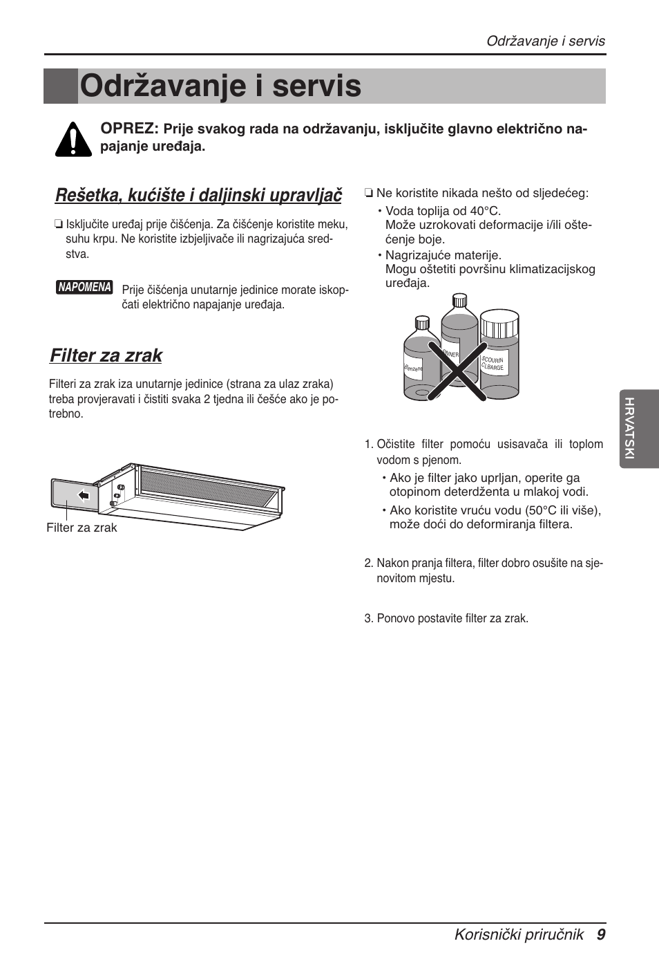 Održavanje i servis, Rešetka, kućište i daljinski upravljač, Filter za zrak | Korisnički priručnik 9, Oprez | LG ARNU12GB1G2 User Manual | Page 177 / 205