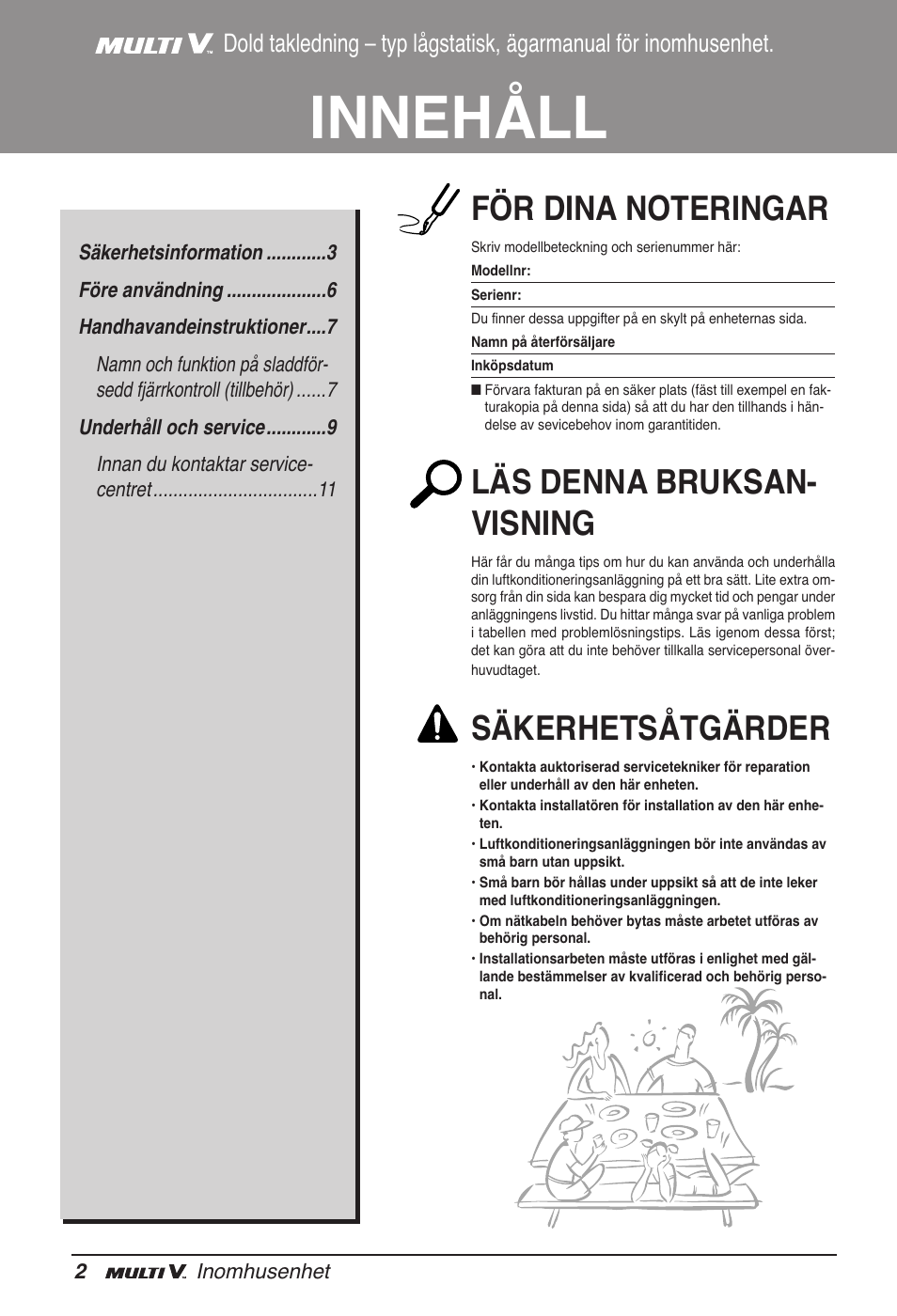 Innehåll, Läs denna bruksan- visning, Säkerhetsåtgärder | LG ARNU12GB1G2 User Manual | Page 182 / 205