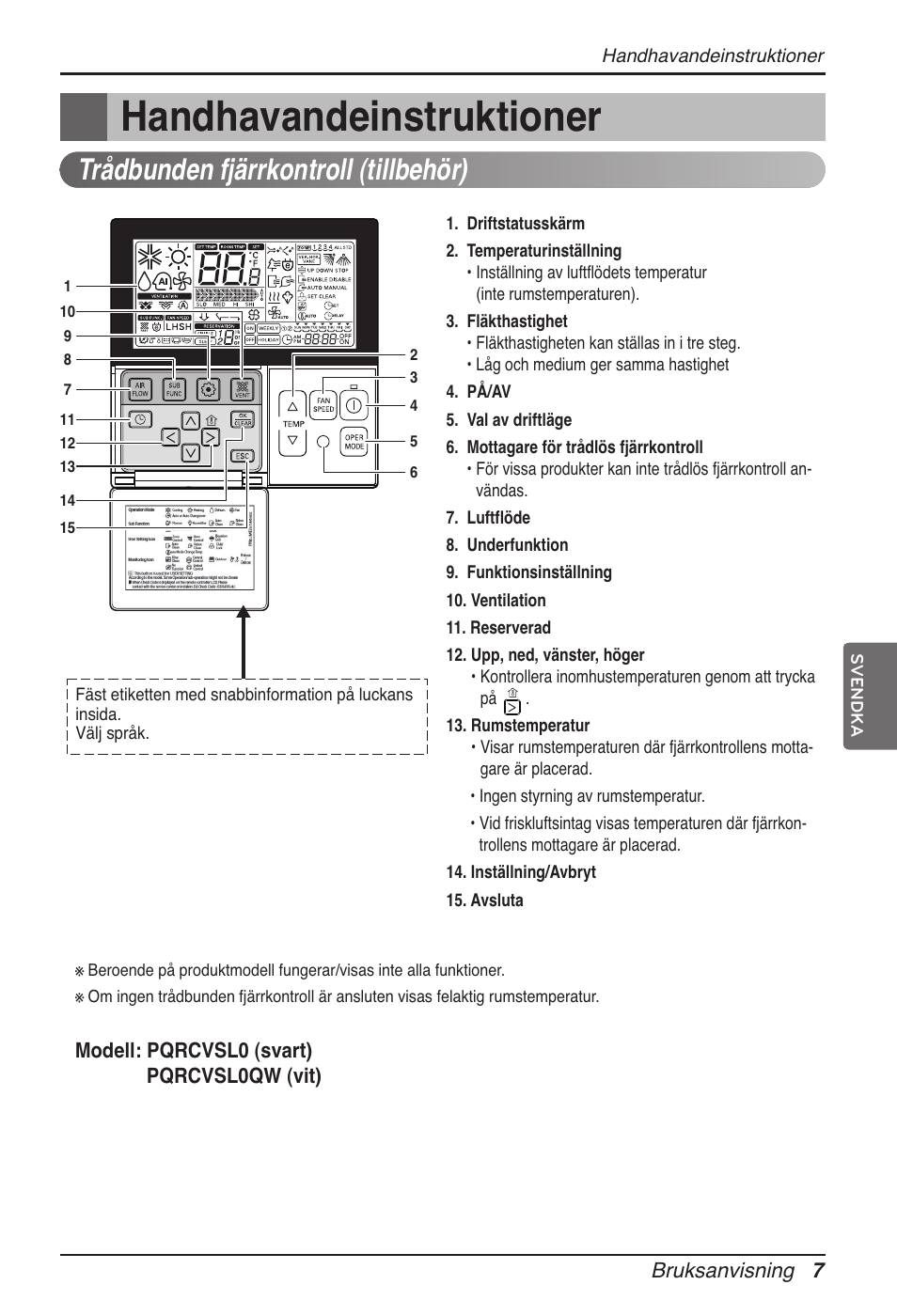 Handhavandeinstruktioner, Trådbunden fjärrkontroll (tillbehör) | LG ARNU12GB1G2 User Manual | Page 187 / 205