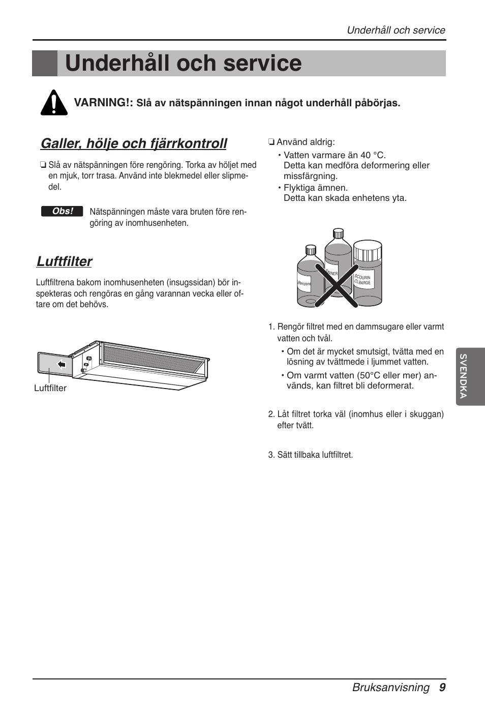 Underhåll och service, Galler, hölje och fjärrkontroll, Luftfilter | Varning, Bruksanvisning 9 | LG ARNU12GB1G2 User Manual | Page 189 / 205