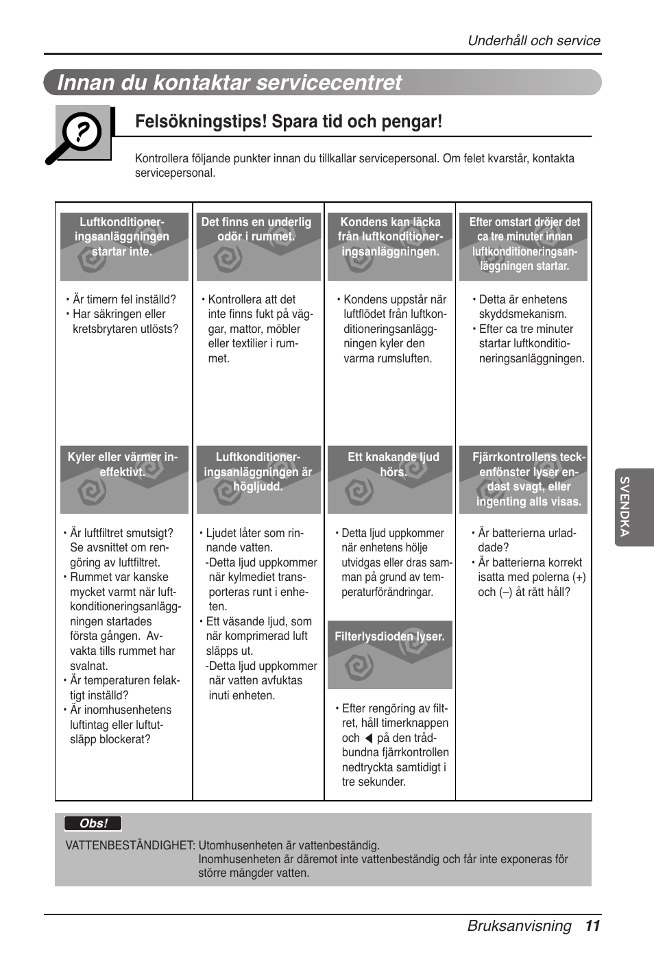 Innan du kontaktar servicecentret, Felsökningstips! spara tid och pengar, Bruksanvisning 11 | LG ARNU12GB1G2 User Manual | Page 191 / 205