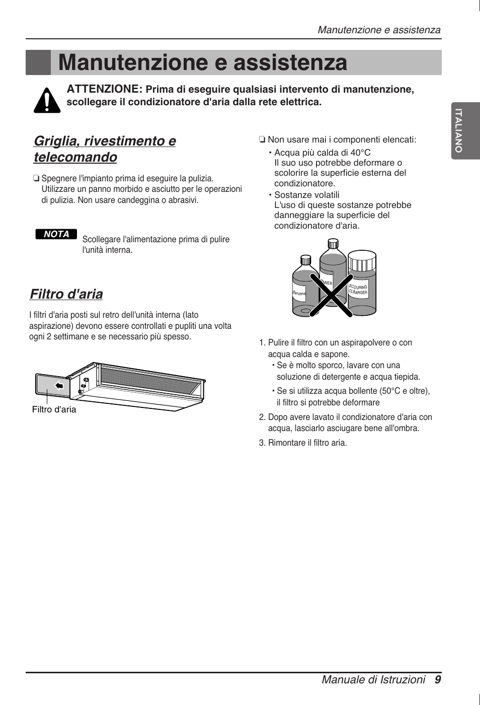 Manutenzione e assistenza, Griglia, rivestimento e telecomando, Filtro d'aria | Manuale di istruzioni 9, Attenzione | LG ARNU12GB1G2 User Manual | Page 21 / 205