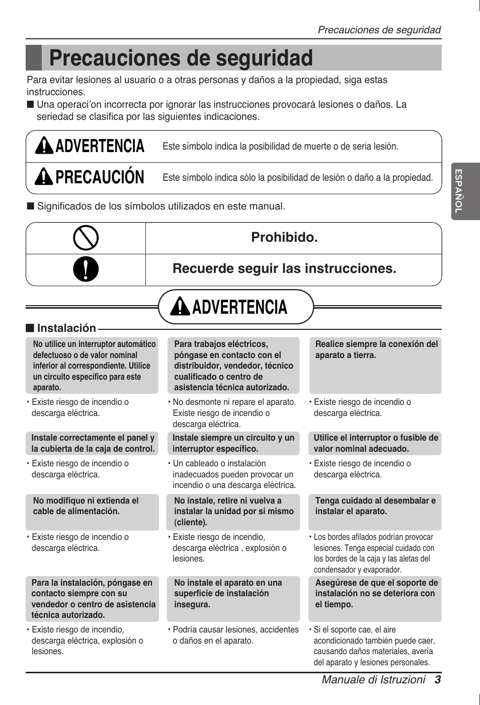 Precauciones de seguridad, Advertencia, Advertencia precaución | Prohibido. recuerde seguir las instrucciones | LG ARNU12GB1G2 User Manual | Page 27 / 205