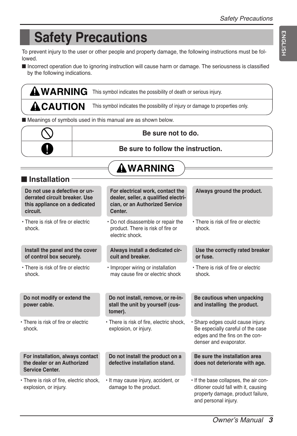 Safety precautions, Warning caution, Warning | N installation | LG ARNU12GB1G2 User Manual | Page 3 / 205