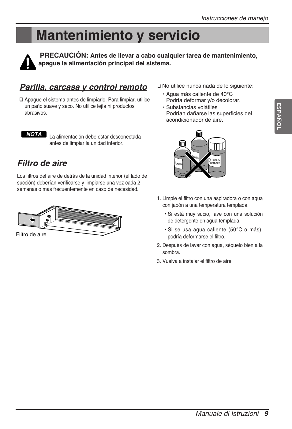 Mantenimiento y servicio, Parilla, carcasa y control remoto, Filtro de aire | Manuale di istruzioni 9, Precaución | LG ARNU12GB1G2 User Manual | Page 33 / 205