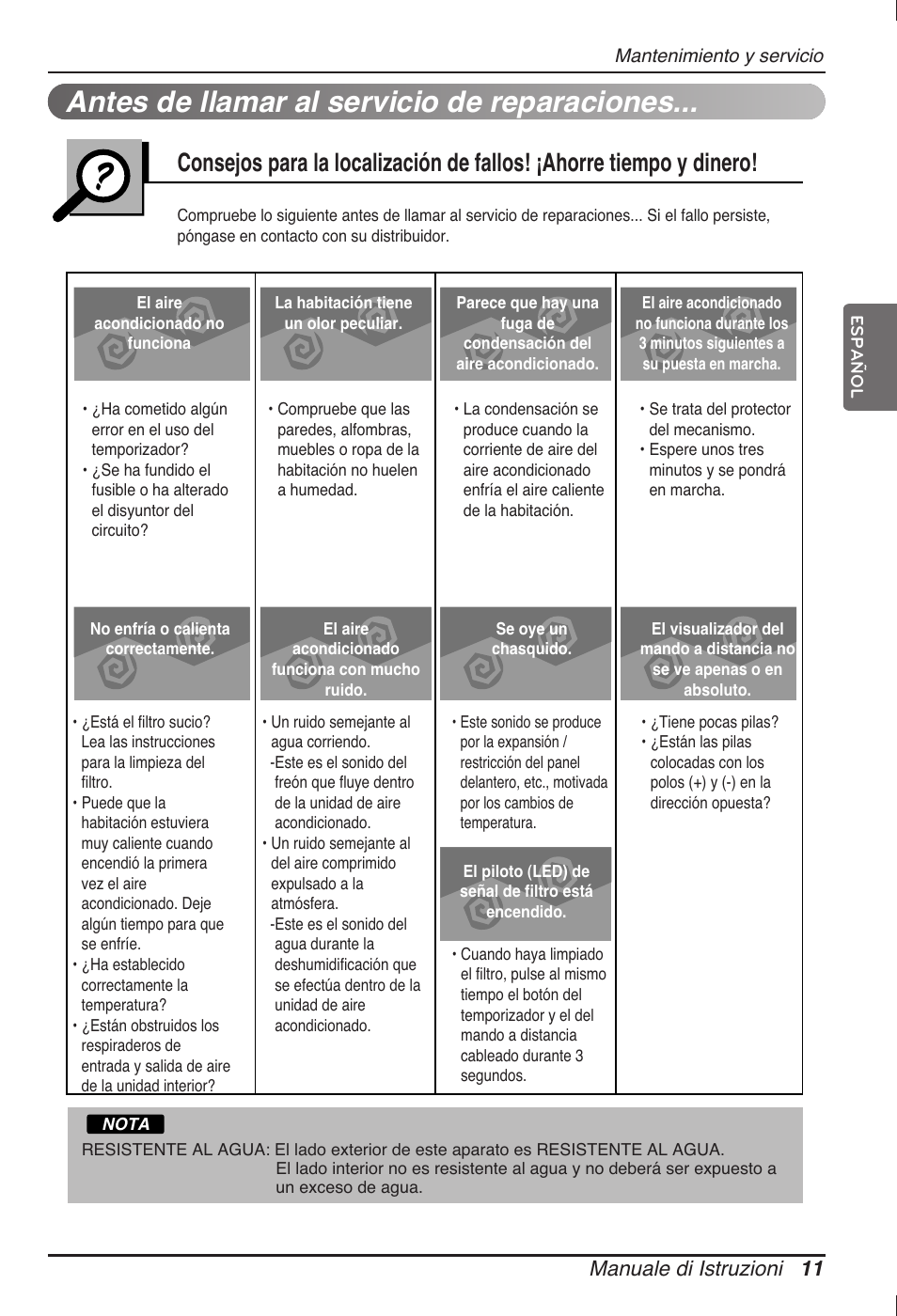 Antes de llamar al servicio de reparaciones, Manuale di istruzioni 11 | LG ARNU12GB1G2 User Manual | Page 35 / 205