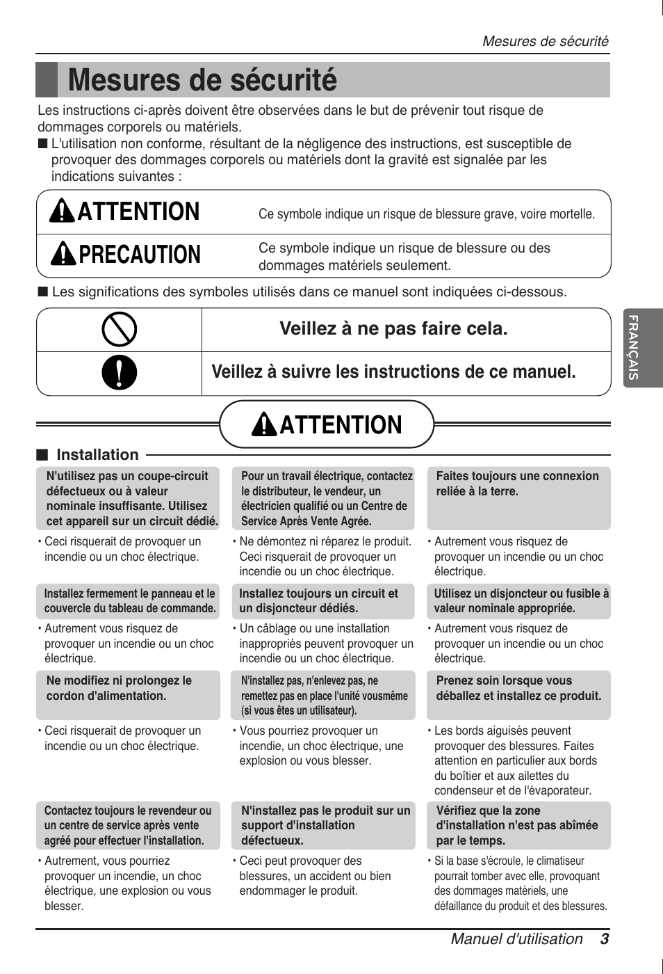 Mesures de sécurité, Attention precaution, Attention | LG ARNU12GB1G2 User Manual | Page 39 / 205