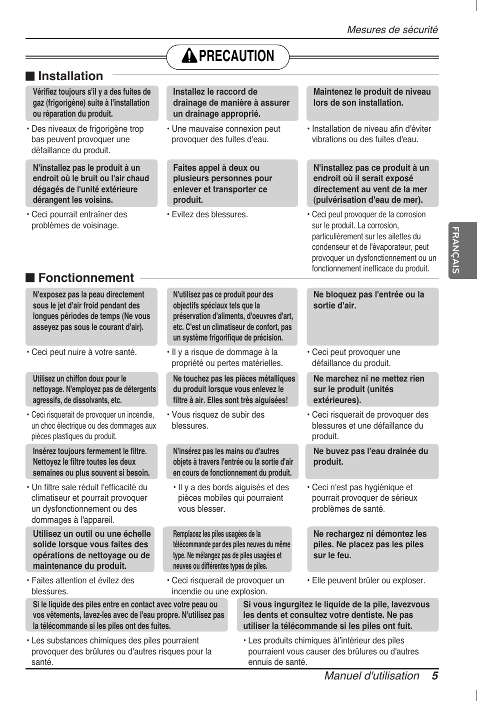 Precaution, N installation, N fonctionnement | Manuel d'utilisation 5 | LG ARNU12GB1G2 User Manual | Page 41 / 205