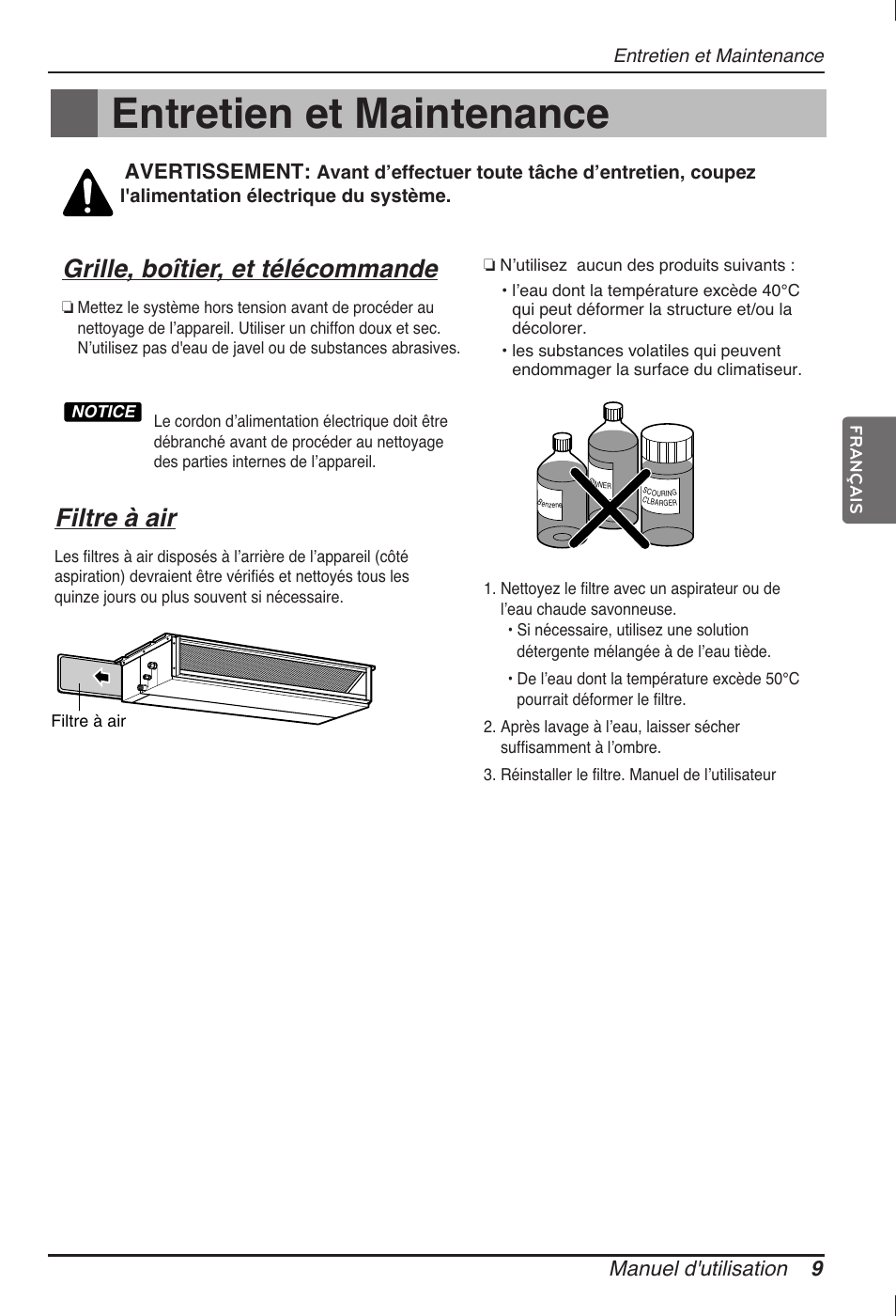 Entretien et maintenance, Grille, boîtier, et télécommande, Filtre à air | Manuel d'utilisation 9, Avertissement | LG ARNU12GB1G2 User Manual | Page 45 / 205