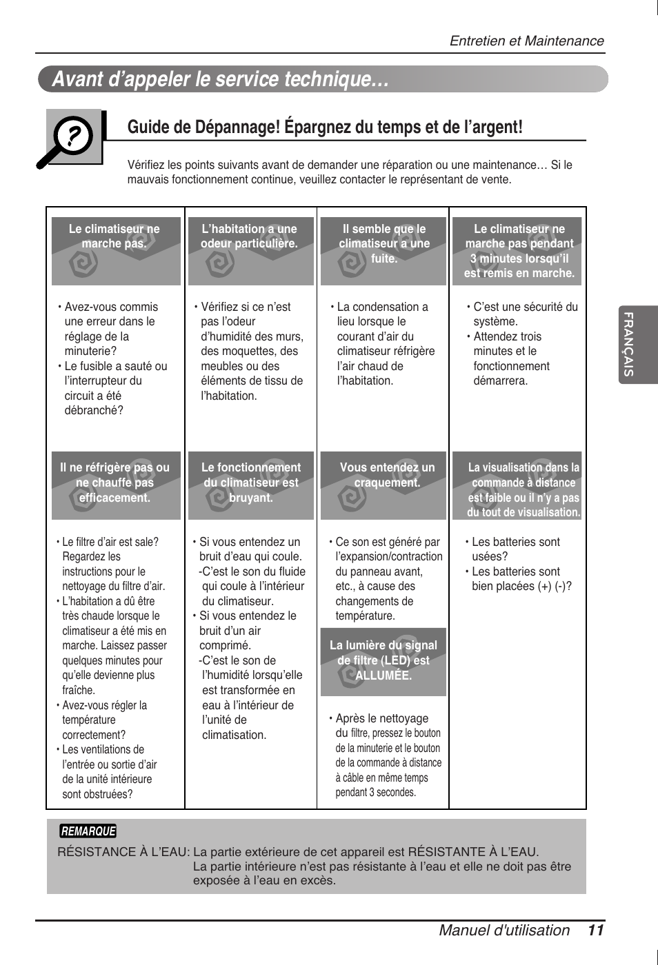 Avant dʼappeler le service technique, Manuel d'utilisation 11 | LG ARNU12GB1G2 User Manual | Page 47 / 205