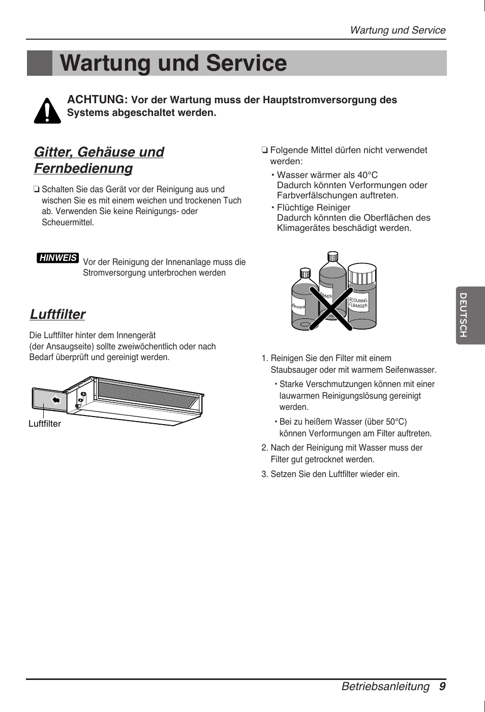 Wartung und service, Gitter, gehäuse und fernbedienung, Luftfilter | Betriebsanleitung 9, Achtung | LG ARNU12GB1G2 User Manual | Page 57 / 205