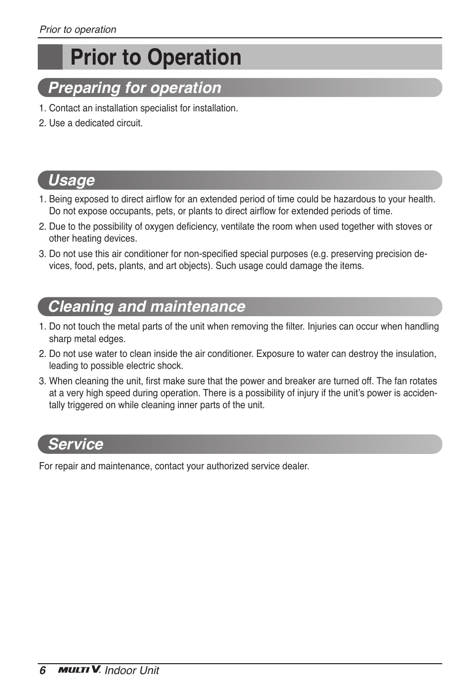 Prior to operation | LG ARNU12GB1G2 User Manual | Page 6 / 205