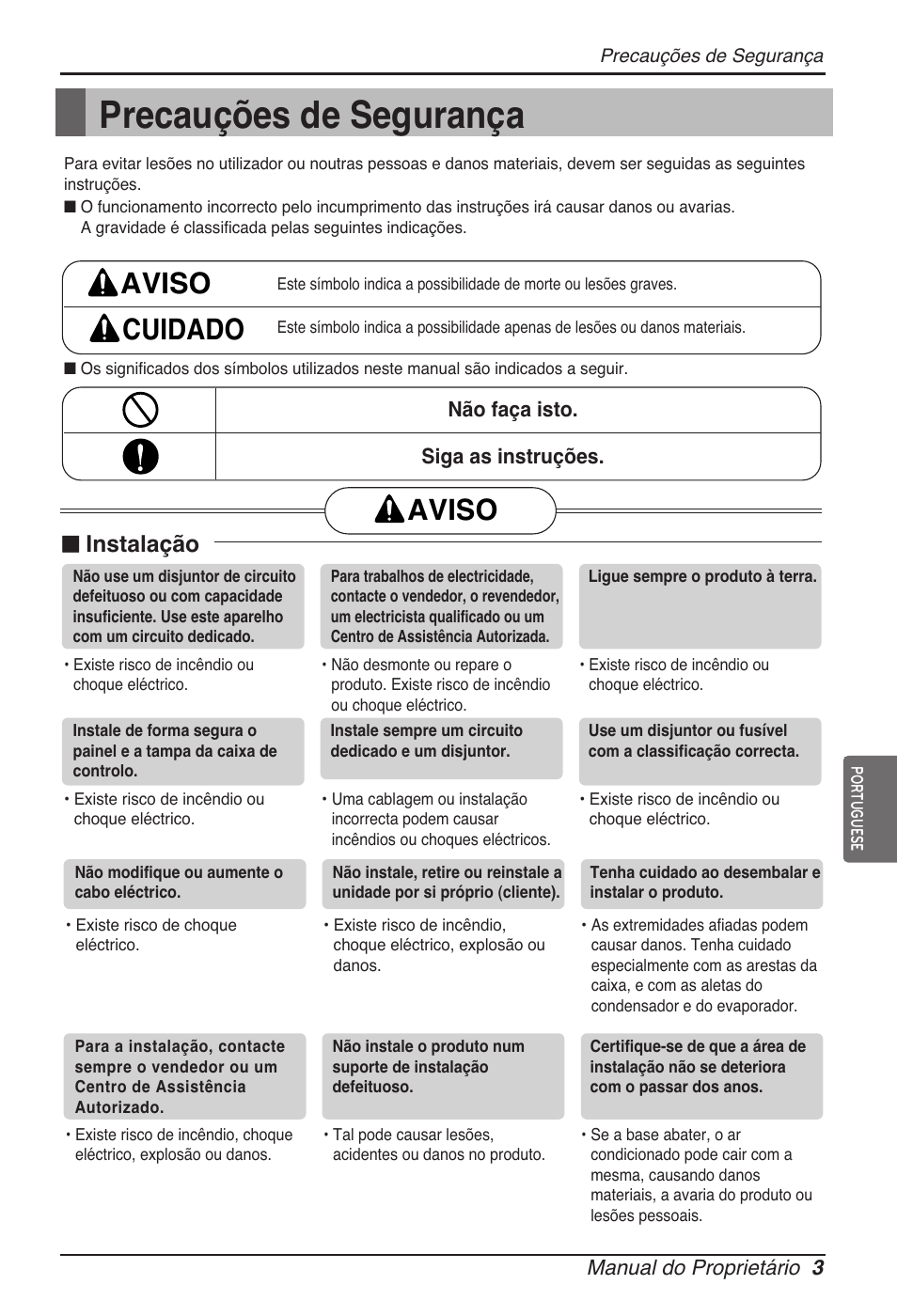 Precauções de segurança, Aviso cuidado, Aviso | N instalação | LG ARNU12GB1G2 User Manual | Page 75 / 205