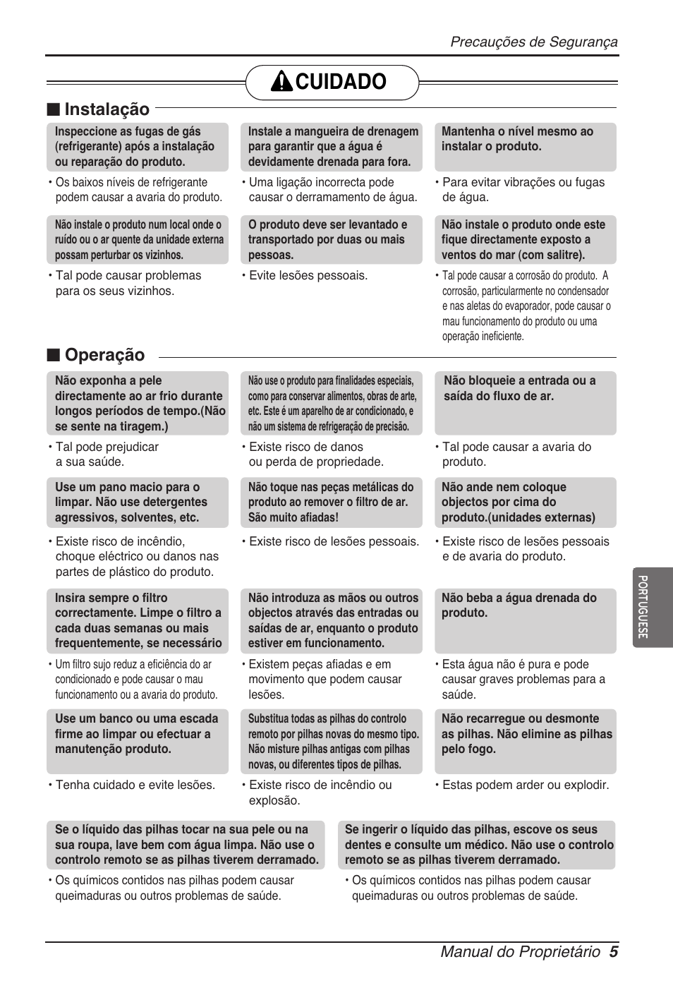 Cuidado, N instalação, N operação | Manual do proprietário 5 | LG ARNU12GB1G2 User Manual | Page 77 / 205