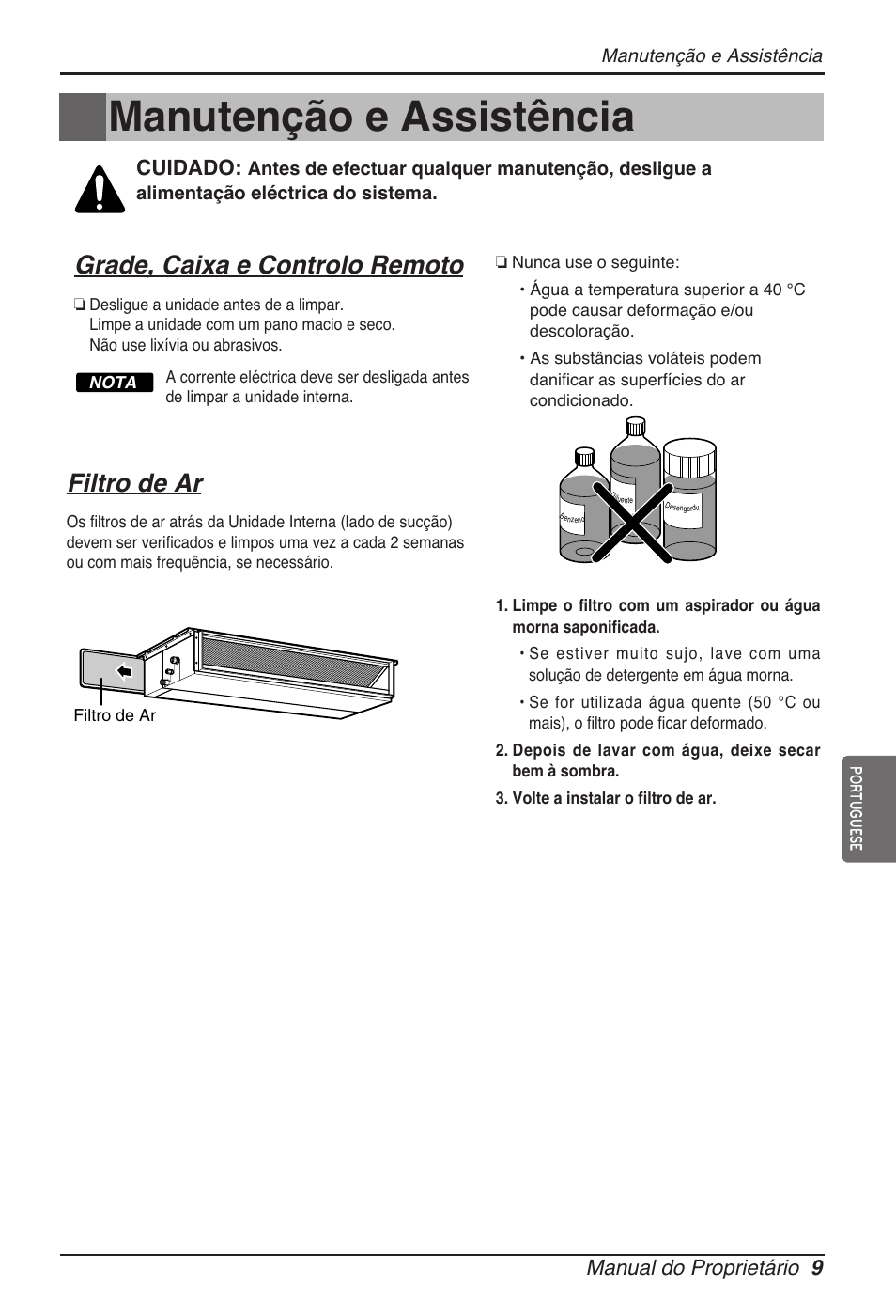 Manutenção e assistência, Grade, caixa e controlo remoto, Filtro de ar | Manual do proprietário 9, Cuidado | LG ARNU12GB1G2 User Manual | Page 81 / 205