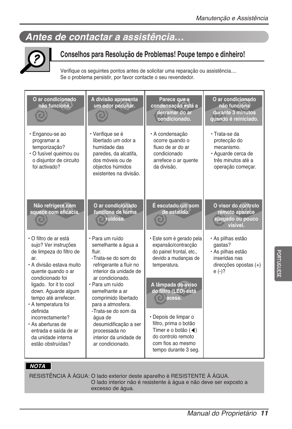 Antes de contactar a assistência, Manual do proprietário 11 | LG ARNU12GB1G2 User Manual | Page 83 / 205