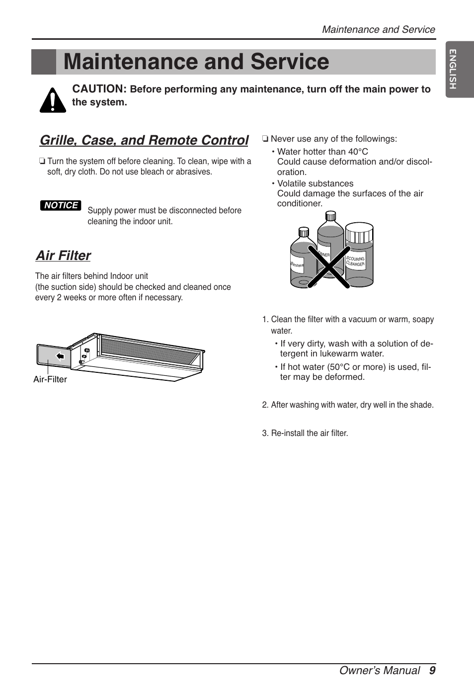 Maintenance and service, Grille, case, and remote control, Air filter | Ownerʼs manual 9, Caution | LG ARNU12GB1G2 User Manual | Page 9 / 205