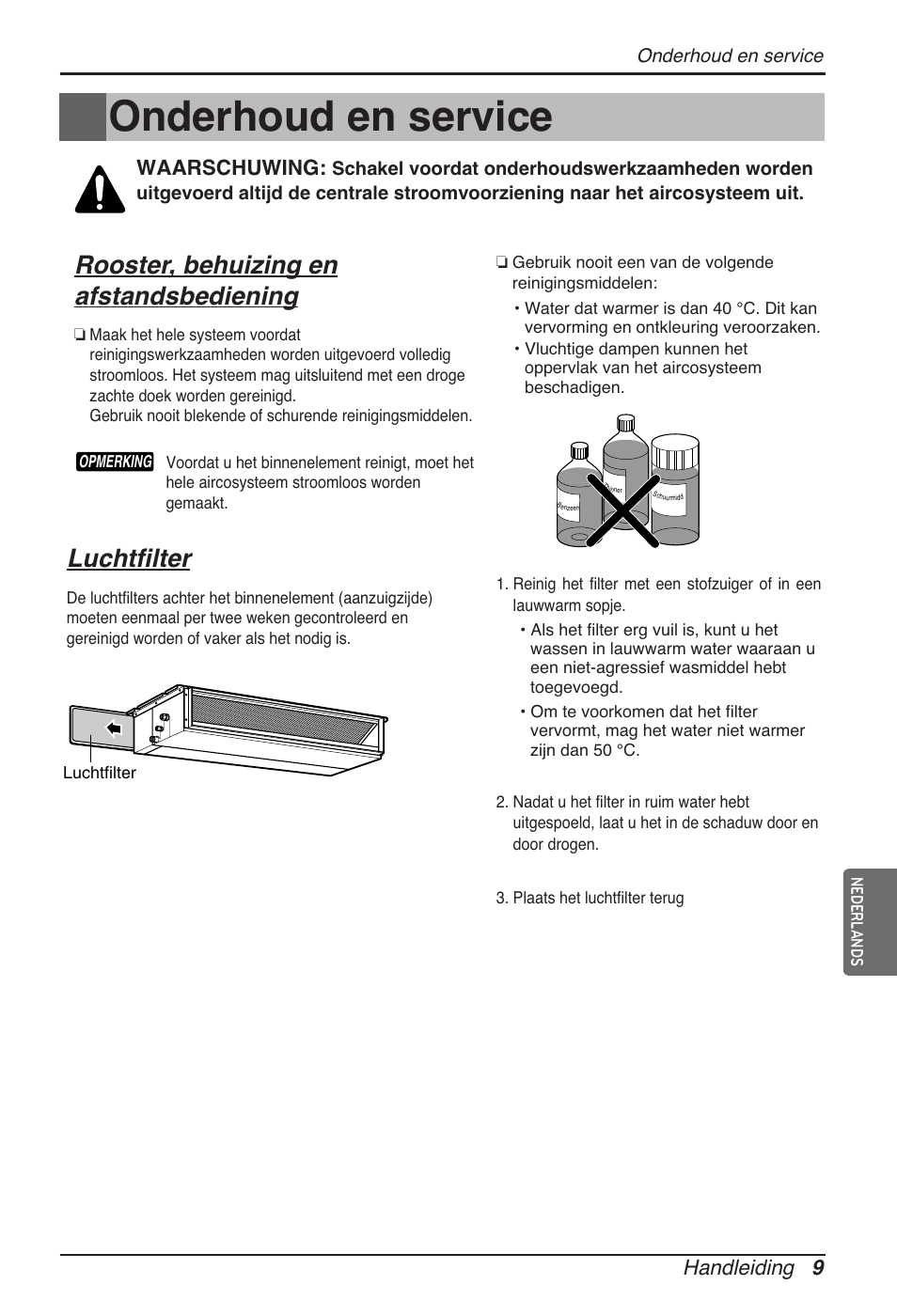 Onderhoud en service, Rooster, behuizing en afstandsbediening, Luchtfilter | Handleiding 9, Waarschuwing | LG ARNU12GB1G2 User Manual | Page 93 / 205