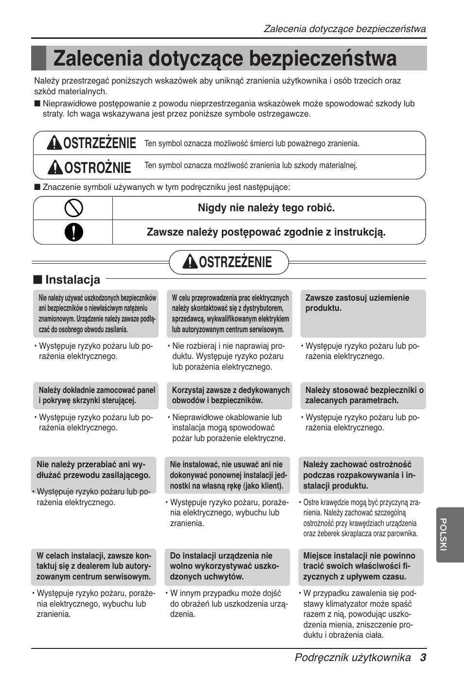 Zalecenia dotyczące bezpieczeństwa, Ostrzeżenie ostrożnie, Ostrzeżenie | N instalacja | LG ARNU12GB1G2 User Manual | Page 99 / 205