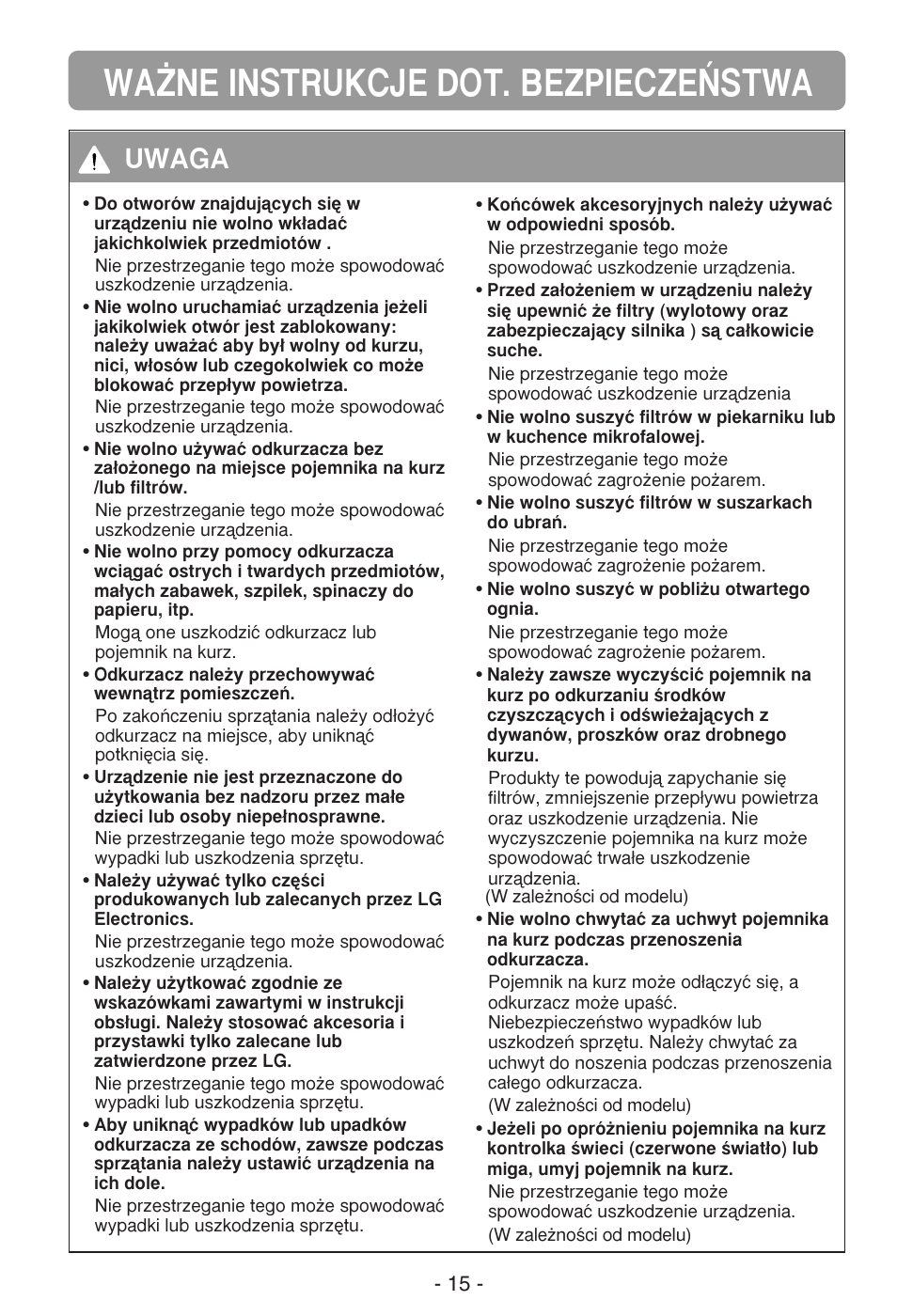 Wa˚ne instrukcje dot. bezpiecze¡stwa, Uwaga | LG V-CR583STQC User Manual | Page 16 / 34